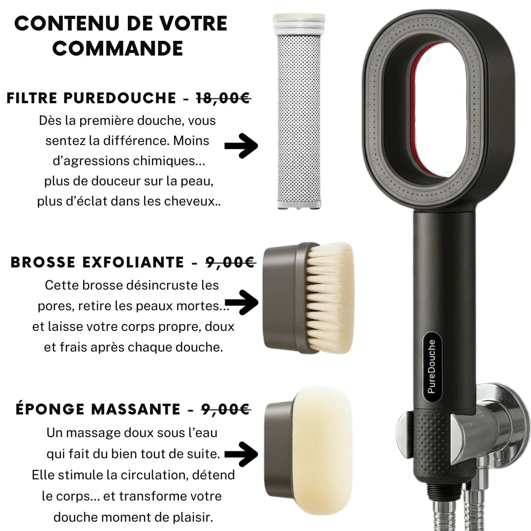 PureDouche® : Stoppez les dégâts invisibles causés par votre eau. Ce pommeau révolutionnaire filtre ce que votre peau n’a jamais supporté.