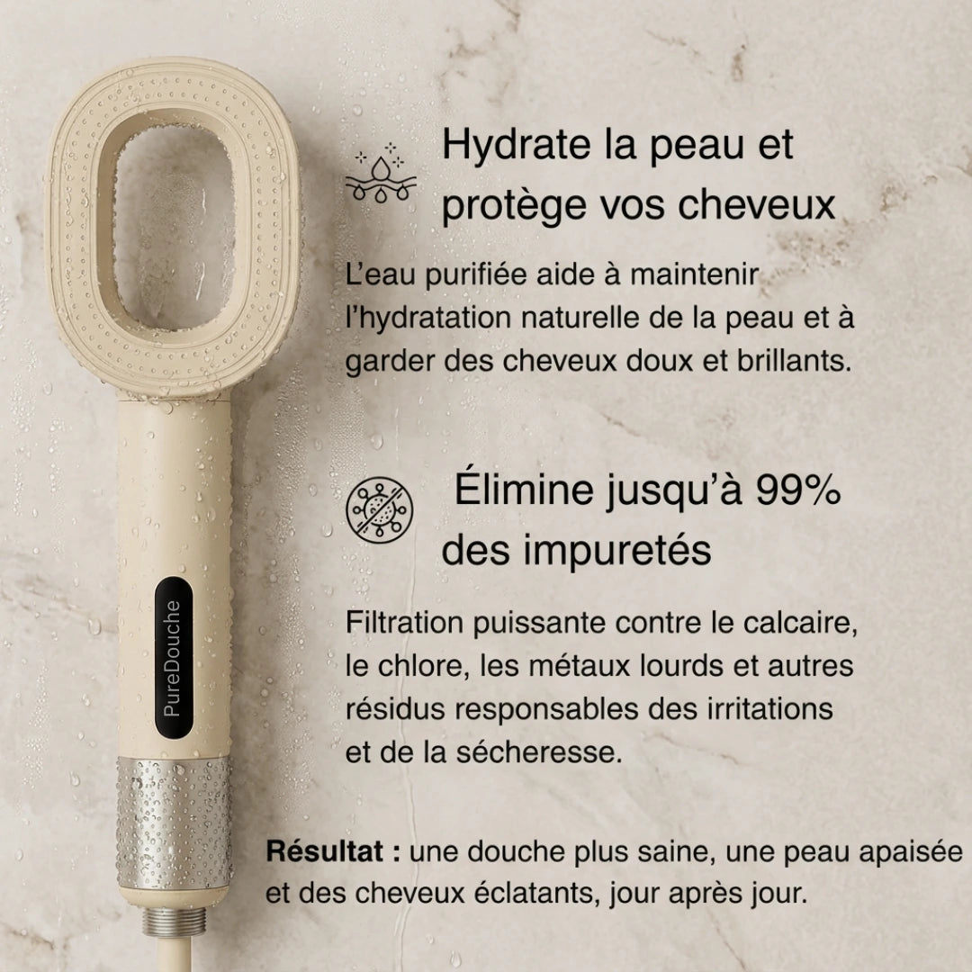 PureDouche® : Stoppez les dégâts invisibles causés par votre eau. Ce pommeau révolutionnaire filtre ce que votre peau n’a jamais supporté.